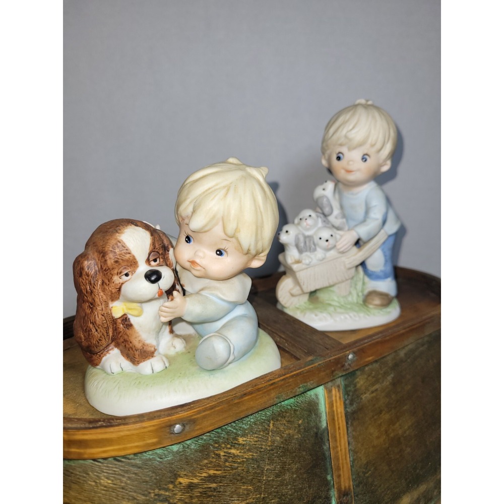 Vintage Home Interiors Ceramic Boy Baby‎ With Puppies, Dog Figurine Homco Set /2
